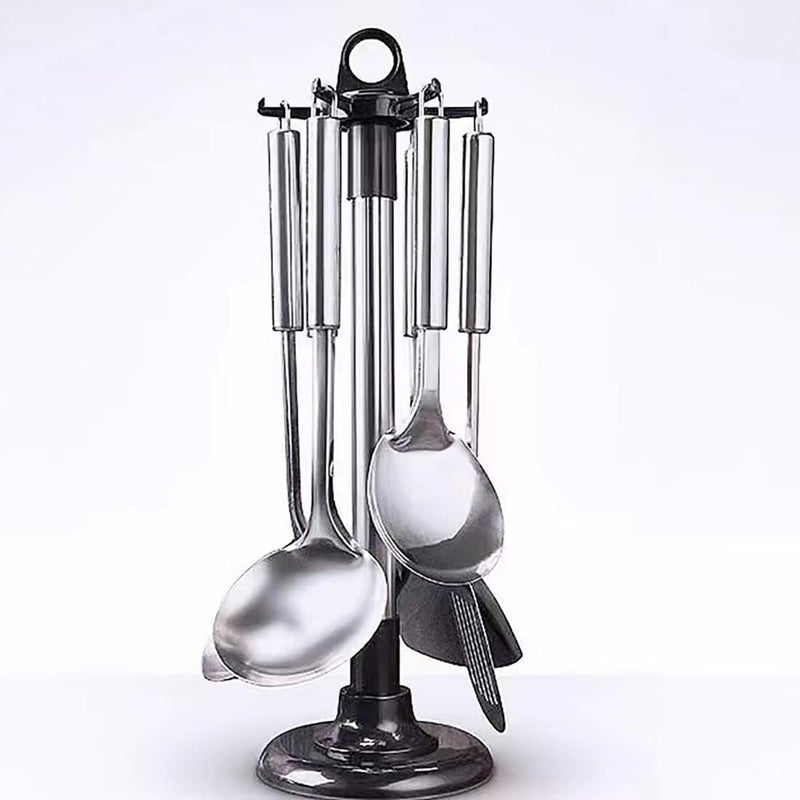 YCSSSD Kitchen ware Storage Rack, Stainless Steel Kitchen Utensil Holder Organizer, Countertop 360 Degree Rotating Utensil Holder for Kitchen Counter with 6 Hooks. - Image 2